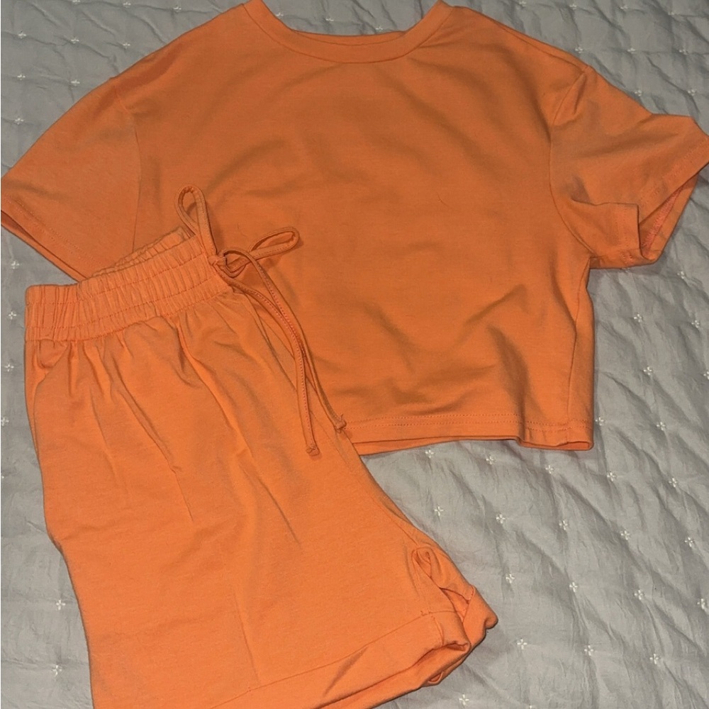 Orange Cropped T-Shirt and Shorts Set